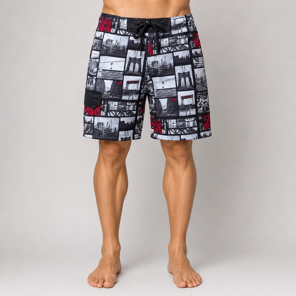 Carbon Mens NYC Photo Print Board Shorts Black White Red Size 36 Brooklyn Bridge